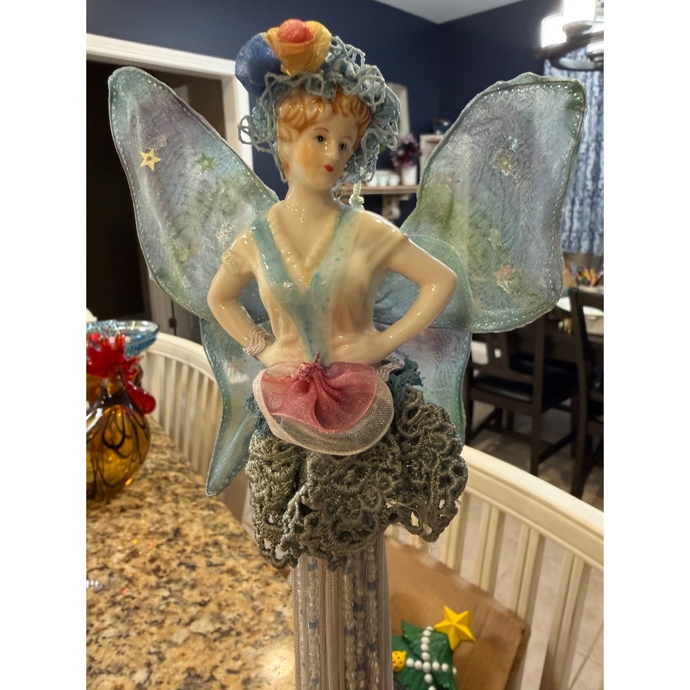 Vintage Style Porcelain Fairy Figurine with Starry Organza Wings and Tassel 14"